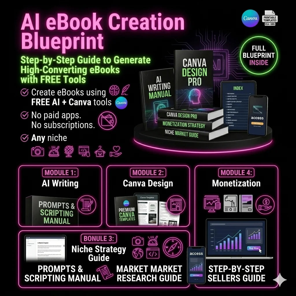AI eBook Creation Blueprint with Canva Design Pro and free tools on a black background