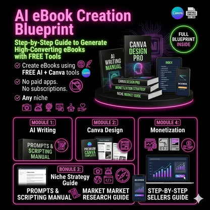 AI eBook Creation Blueprint with Canva Design Pro and free tools on a black background