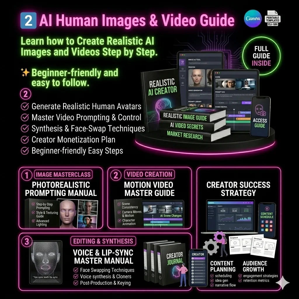 Promotional graphic for an AI Human Images & Video Guide with text and icons on a black background.