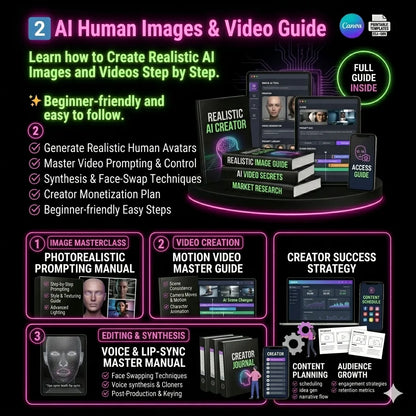 Promotional graphic for an AI Human Images & Video Guide with text and icons on a black background.