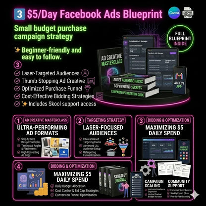 Promotional graphic for a $5/day Facebook Ads Blueprint with text and icons on a dark background.