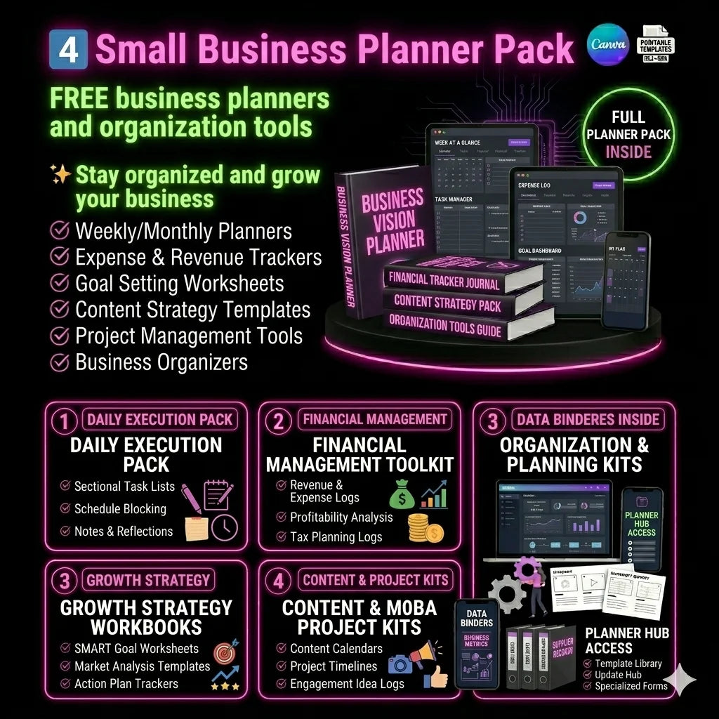 Small Business Planner Pack with various tools and templates on a black background