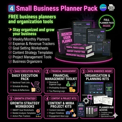 Small Business Planner Pack with various tools and templates on a black background