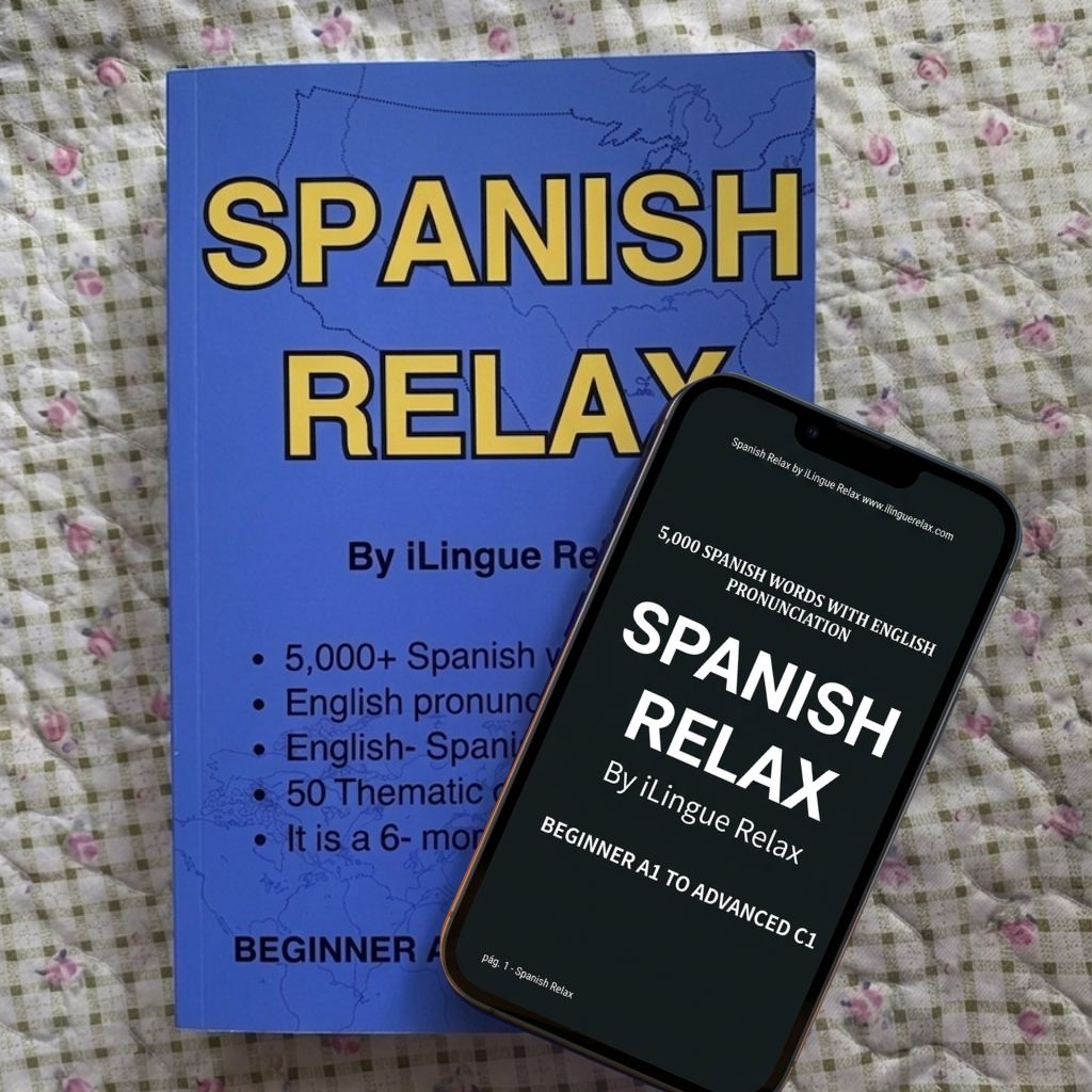 Book and phone displaying 'Spanish Relax' on a checkered fabric background