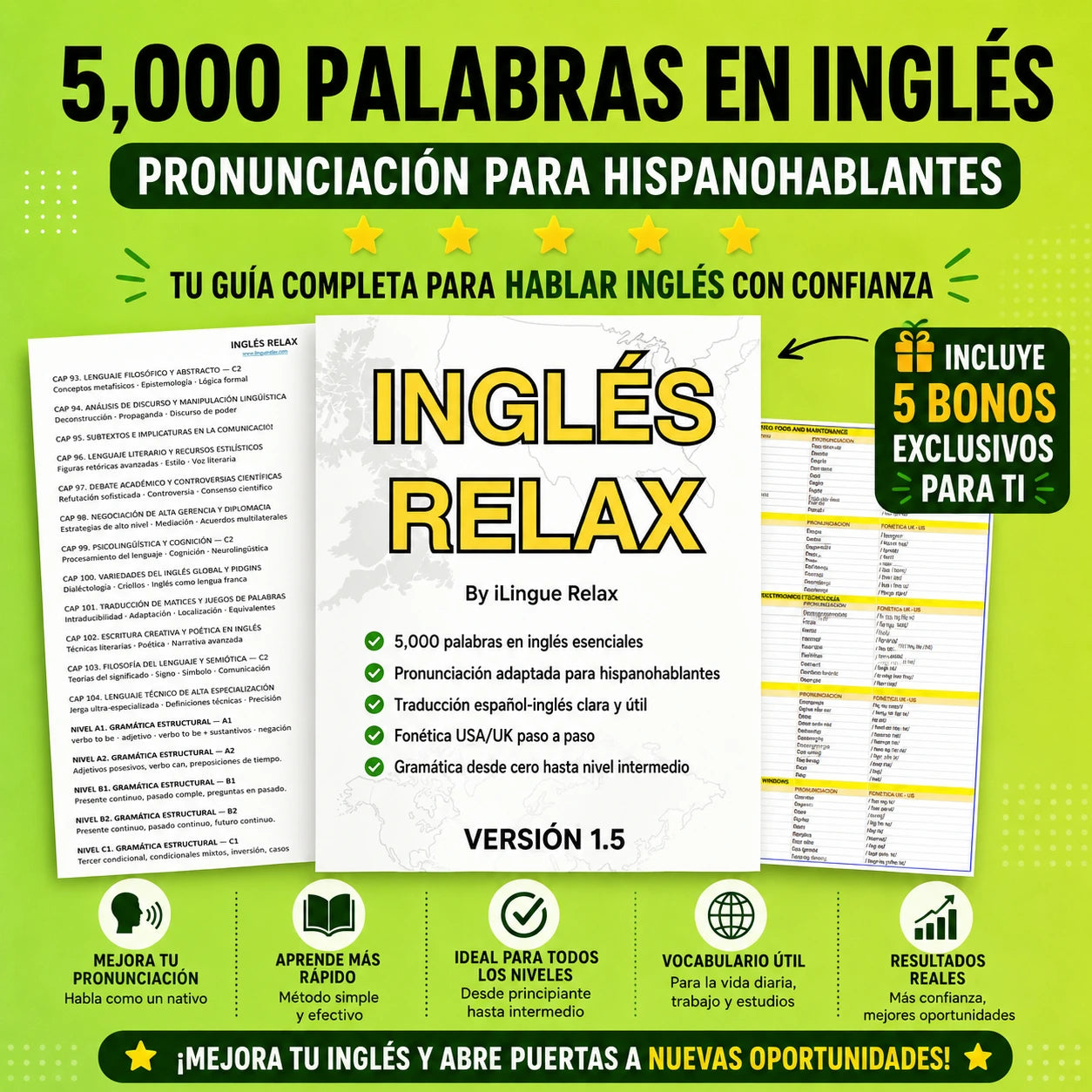 Promotional graphic for '5,000 Palabras en Inglés' pronunciation guide for Spanish speakers with English Relax branding.