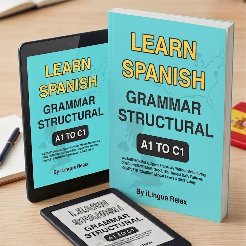 Book titled 'Learn Spanish Grammar Structural A1 to C1' with digital device displaying the same text on a wooden surface.