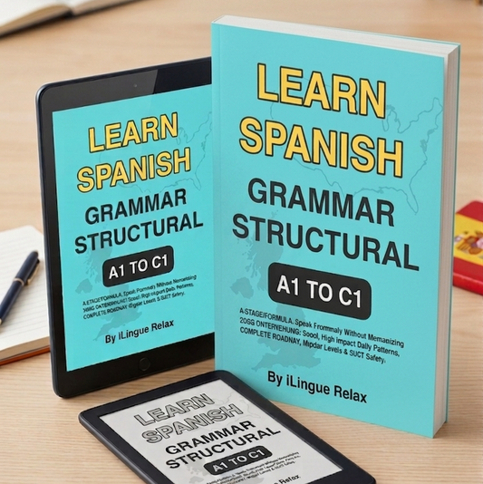 Book titled 'Learn Spanish Grammar Structural A1 to C1' with digital device displaying the same text on a wooden surface.