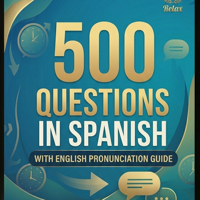 Book titled '500 Questions in Spanish' on a tablet with a cup of coffee and glasses in the background.