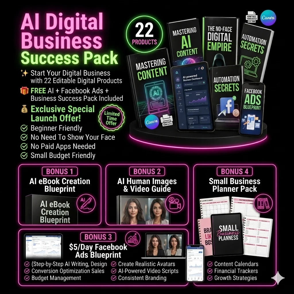 Promotional graphic for an AI Digital Business Success Pack with various digital products and bonuses.