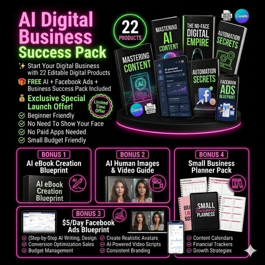 Promotional graphic for an AI Digital Business Success Pack with various digital products and bonuses.