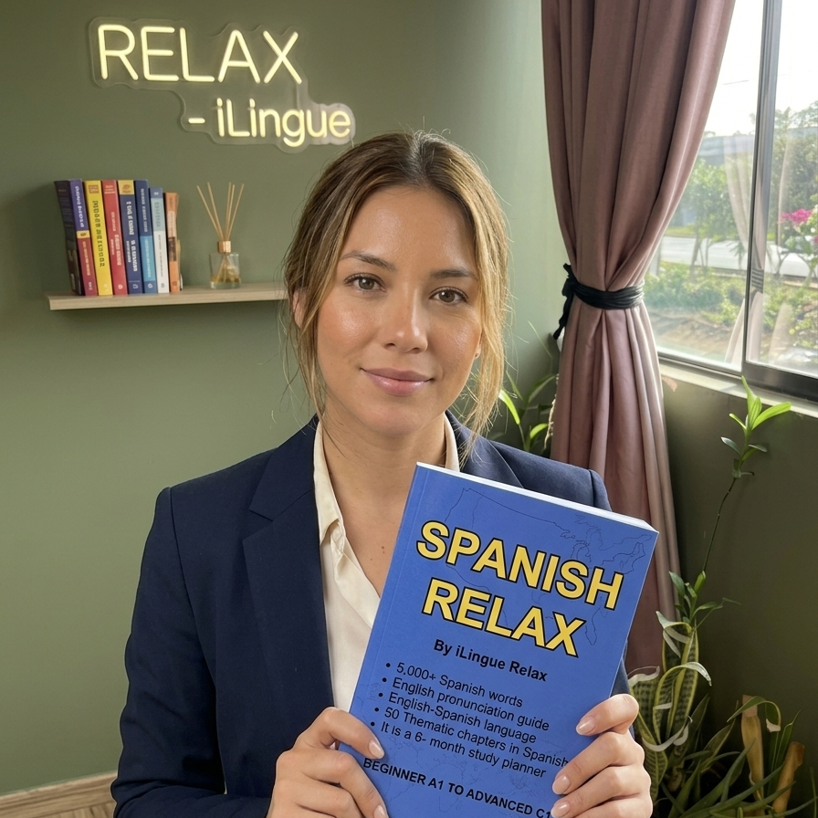 Woman holding a book titled 'Spanish Relax' in a room with a 'Relax' sign and window.