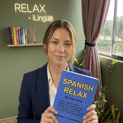 Woman holding a book titled 'Spanish Relax' in a room with a 'Relax' sign and window.